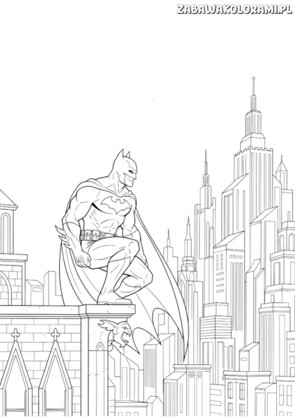 Kolorowanka Batman dla dorosłych przedstawia Batmana na dachu z widokiem na gotyckie budynki w Gotham