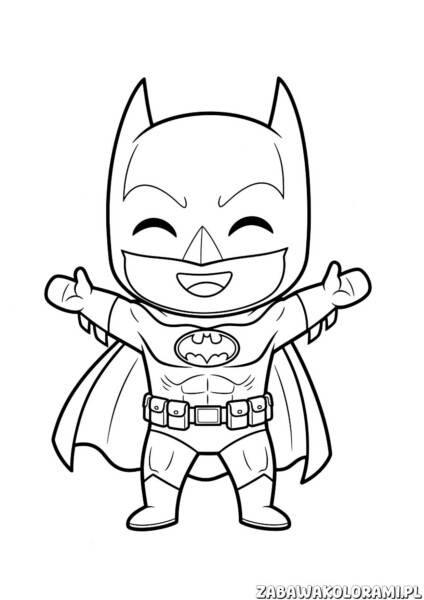 Kolorowanka Batman do druku. Rysunek Batmana w stylu chibi z maską, peleryną i symbolem nietoperza.