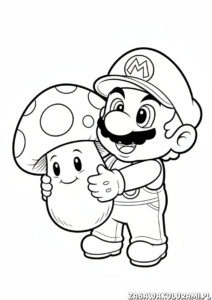 Kolorowanka Mario do druku z Grzybkiem z gry Super Mario – prosty rysunek z postaciami Mario i Grzybka