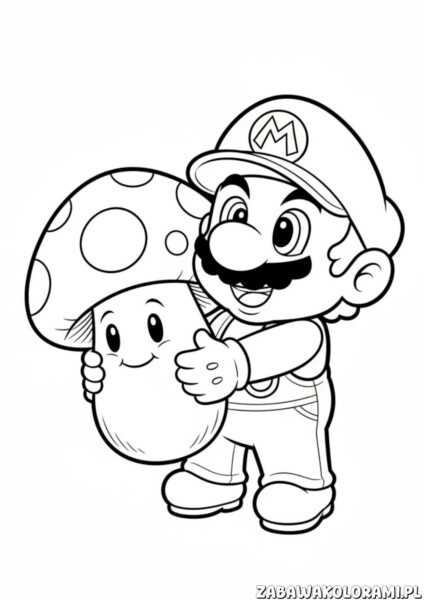 Kolorowanka Mario do druku z Grzybkiem z gry Super Mario – prosty rysunek z postaciami Mario i Grzybka