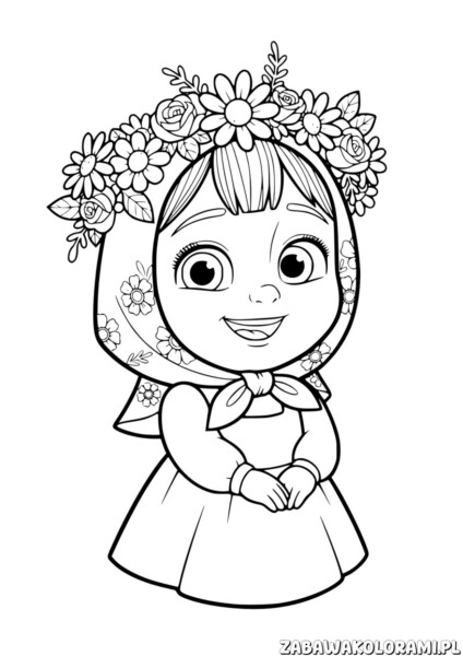 Kolorowanka Masza z wiankiem kwiatowym i uśmiechem na twarzy. Ubarwiaj dziewczynkę.