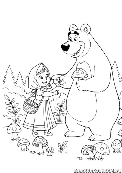 Kolorowanka Masza i niedźwiedź z grzybami, ślimakami i leśnym klimatem dla dzieci