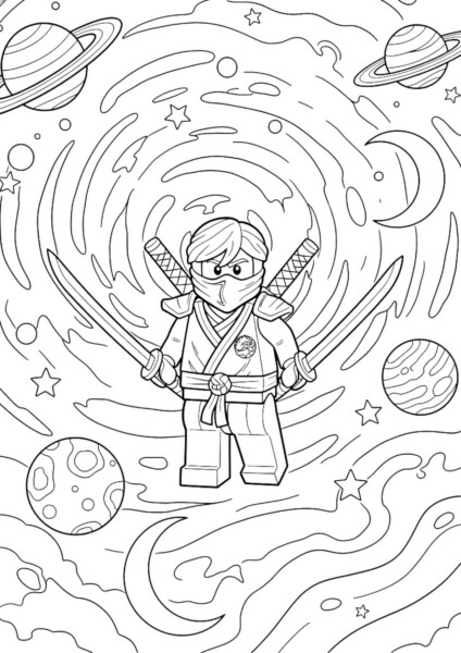 Kolorowanka Ninjago z ninją w kosmicznej scenerii, wśród planet i gwiazd