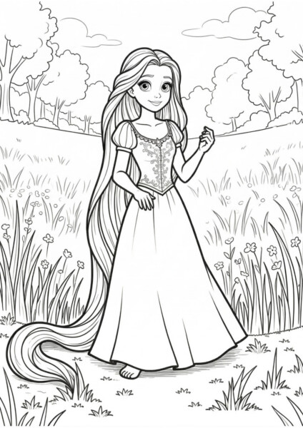 Kolorowanka Zaplatani do druku z Rapunzel stojącą na łące w otoczeniu drzew i kwiatów