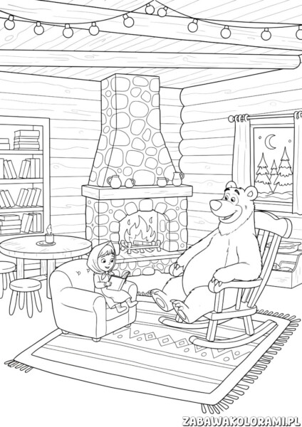 Kolorowanka dla dorosłych Masza i niedźwiedź przedstawia urokliwą scenę w stylu retro z niedźwiedziem i dziewczynką w przytulnym pokoju z kominkiem.