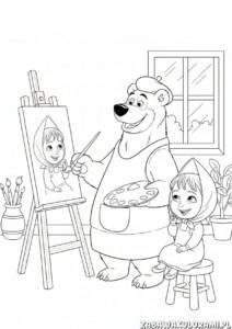 Kolorowanka dla dzieci Masza i niedźwiedź z pędzlami i paletą przy malowaniu obrazu w pracowni artystycznej