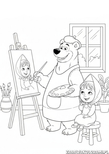 Kolorowanka dla dzieci Masza i niedźwiedź z pędzlami i paletą przy malowaniu obrazu w pracowni artystycznej