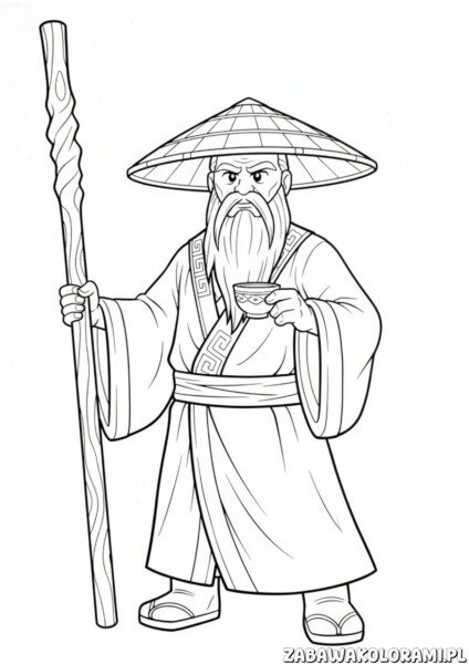 Kolorowanka do druku Ninjago mądry mnich Chin – mnich w tradycyjnym stroju i kapeluszu z laską i kubkiem