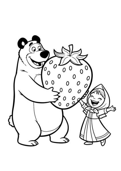 Kolorowanka truskawka Masza i niedźwiedź przedstawia dziewczynkę w kapturze i niedźwiedzia z ogromną truskawką