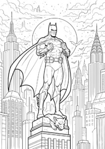 Kolorowanki Batman z charakterystycznym miastem w tle, idealny dla dzieci