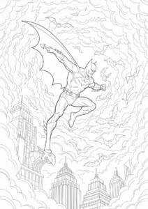 Kolorowanki Batman dla dorosłych z Batmanem latującym nad Gotham i nietoperzami w tle