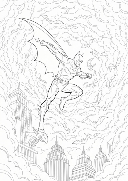 Kolorowanki Batman dla dorosłych z Batmanem latującym nad Gotham i nietoperzami w tle