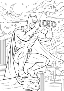 Kolorowanki Batman do druku. Batman w kostiumie z lornetką na dachu miasta nocą.