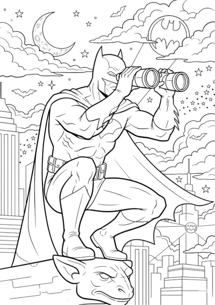 Kolorowanki Batman do druku. Batman w kostiumie z lornetką na dachu miasta nocą.