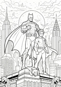 Kolorowanki Batman i Robin do druku z superbohaterami na dachu miasta Gotham City z latarniami w tle.