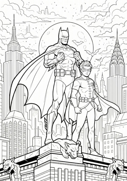 Kolorowanki Batman i Robin do druku z superbohaterami na dachu miasta Gotham City z latarniami w tle.