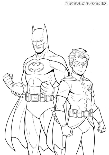 Kolorowanki Batman i robin ze słynnymi superbohaterami gotowymi do kolorowania przez dzieci