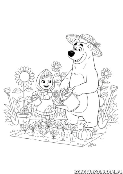 Kolorowanki Masza i niedźwiedź: Masza z Miśkiem w ogrodzie z warzywami i kwiatami