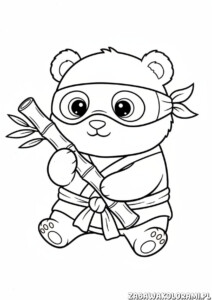 Kolorowanki Ninjago do druku z panda ninja trzymającego bambus w ręce