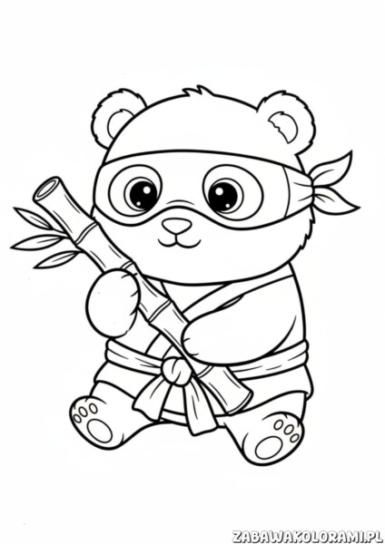 Kolorowanki Ninjago do druku z panda ninja trzymającego bambus w ręce
