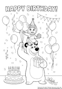 Kolorowanki Urodzinowa Masza i niedźwiedź z balonami, prezentami i tortem urodzinowym