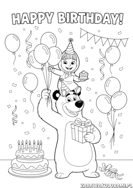 Kolorowanki Urodzinowa Masza i niedźwiedź z balonami, prezentami i tortem urodzinowym
