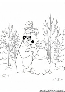 Kolorowanki Zimowa Masza i niedźwiedź z bałwanem, niedźwiedź trzyma bałwana, Masza leje wodę