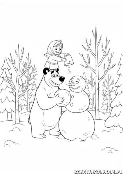 Kolorowanki Zimowa Masza i niedźwiedź z bałwanem, niedźwiedź trzyma bałwana, Masza leje wodę