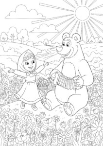 Kolorowanki do druku Masza i niedźwiedź – kolorowanka przedstawiająca dziewczynkę z bukietem kwiatów i niedźwiedzia grającego akordeon