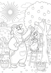 Kolorowanki lato Masza i niedźwiedź: kolorowanka z Maszą zbierającą jabłka z pomocą niedźwiedzia w sadzie