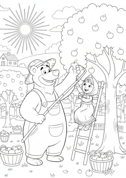 Kolorowanki lato Masza i niedźwiedź: kolorowanka z Maszą zbierającą jabłka z pomocą niedźwiedzia w sadzie