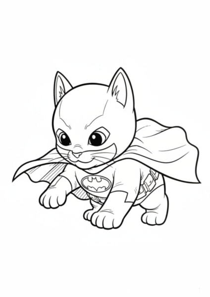 Kot Batman Kolorowanka z kapturkiem i emblematem, gotowy do akcji w pozie superbohatera