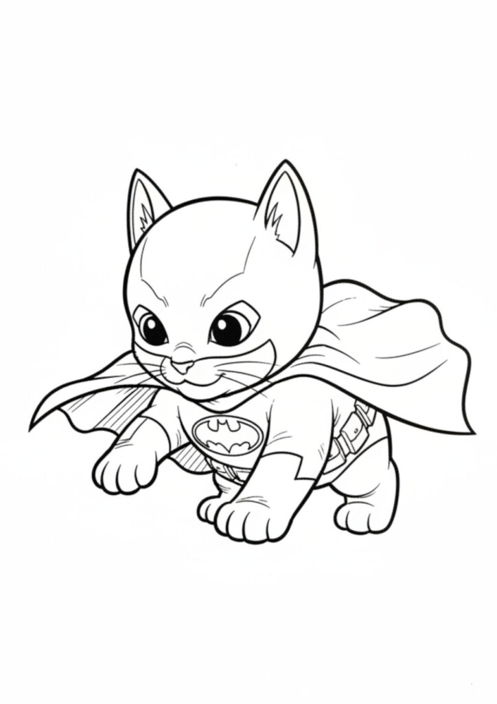 Kot Batman Kolorowanka z kapturkiem i emblematem, gotowy do akcji w pozie superbohatera
