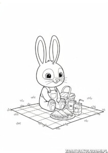 Króliczek bing kolorowanka z piknikiem na świeżym powietrzu z koszykiem i przekąskami