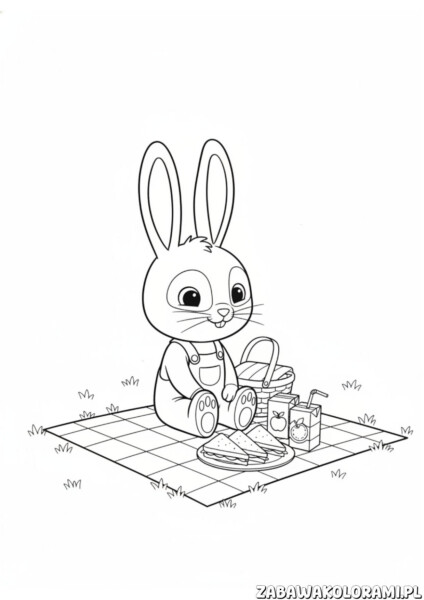 Króliczek bing kolorowanka z piknikiem na świeżym powietrzu z koszykiem i przekąskami