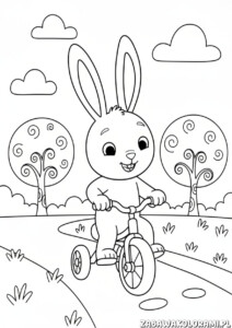 Króliczek do druku kolorowanka z królikiem jadącym trójkołowcem na wiejskiej drodze z drzewami i chmurkami