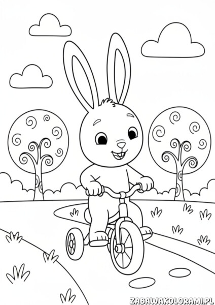 Króliczek do druku kolorowanka z królikiem jadącym trójkołowcem na wiejskiej drodze z drzewami i chmurkami