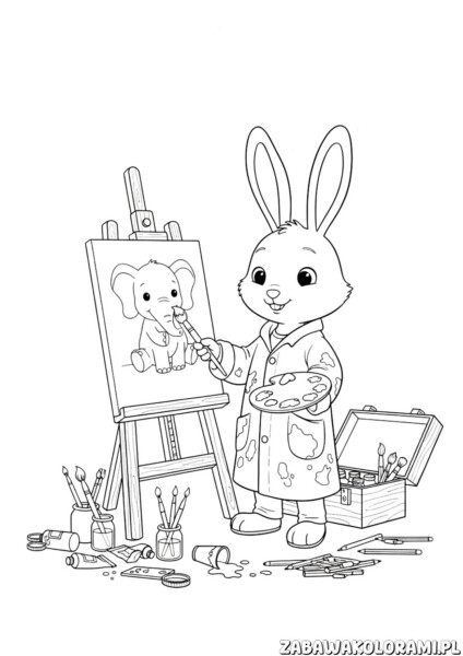 Króliczek kolorowanka z uśmiechniętym królikiem w fartuchu, który maluje słonika na sztalugach