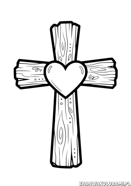 Krzyż święty Kolorowanka z sercem w środku, wykonany z desek drewnianych.