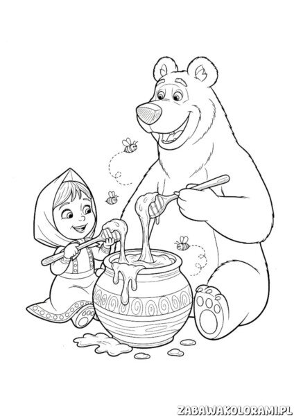 Malowanka Masza i niedźwiedź kolorowanka przedstawia dziewczynkę i niedźwiedzia mieszających miód w garnku.