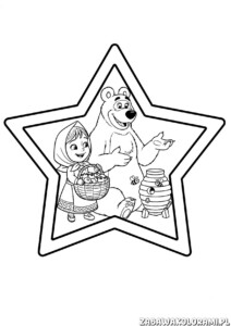 Malowanka do druku Masza i niedzwiedz przedstawia dziewczynkę z koszem owoców i niedźwiedzia z beczką miodu w towarzystwie pszczół