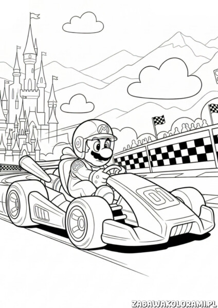 Mario Kart kolorowanka - Mario w kartku na torze z flagą i widownią w tle