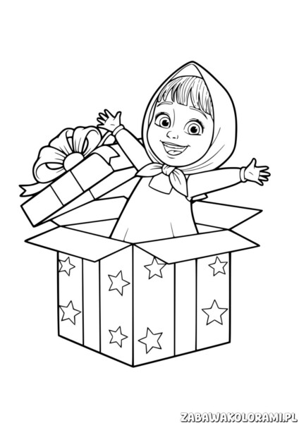 Masha Kolorowanka do druku przedstawia uroczystą postać wyskakującą ze skrzyni z prezentem w ręku