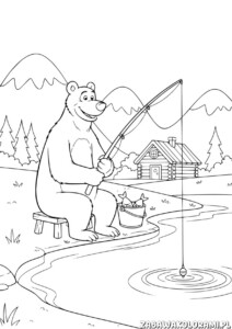 Miś na łowach kolorowanka z miśkiem na ławeczce, który łowi ryby nad stawem