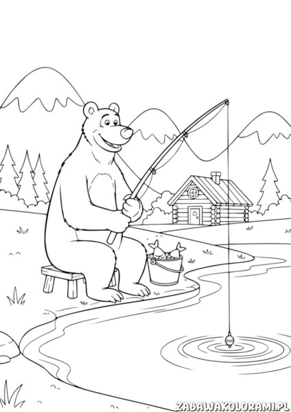 Miś na łowach kolorowanka z miśkiem na ławeczce, który łowi ryby nad stawem