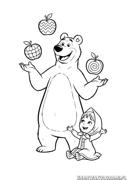 Masha i niedźwiedź kolorowanka z postaciami Kubuś Puchatek i Masha trzymającymi jabłka.
