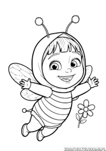 Masza Kolorowanka do druku z uśmiechniętą pszczółką i kwiatkiem w dłoni