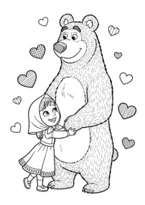 Masza i niedźwiedź kolorowanka przedstawiająca dziewczynkę w sukience z kapturem i uśmiechniętego niedźwiedzia