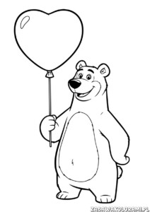 Masza i niedźwiedź kolorowanka przedstawia uśmiechniętego niedźwiedzia z balonem w kształcie serca