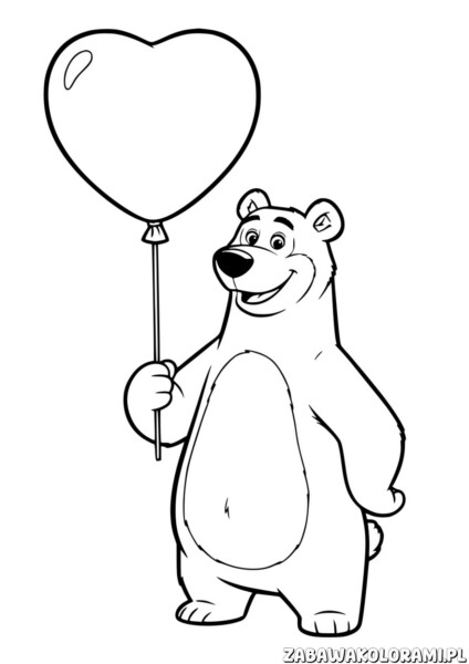 Masza i niedźwiedź kolorowanka przedstawia uśmiechniętego niedźwiedzia z balonem w kształcie serca